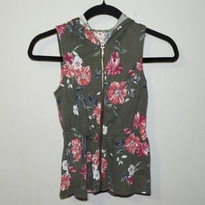 Belle Du Jour Hooded Floral Vest Full-Zip Olive Green Girls Size S